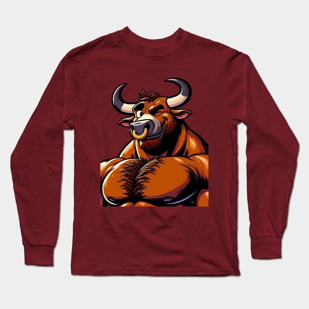 Muscular Winking Bull Anthro Furry Minotaur Design Long Sleeve T-Shirt by Blue Bull Bazaar